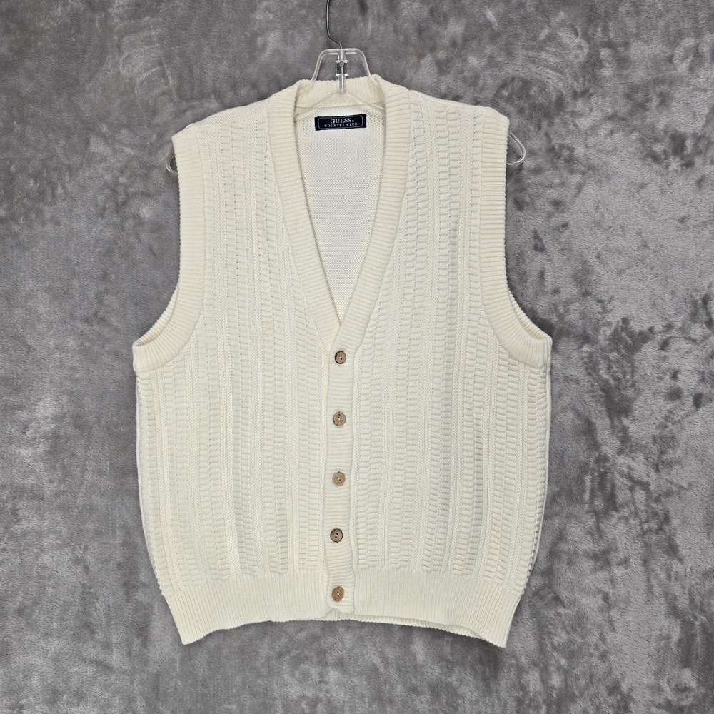 Guess Men Sweater Vest S Cream Country Club Cotton Vtg Preppy Knit Coastal Layer
